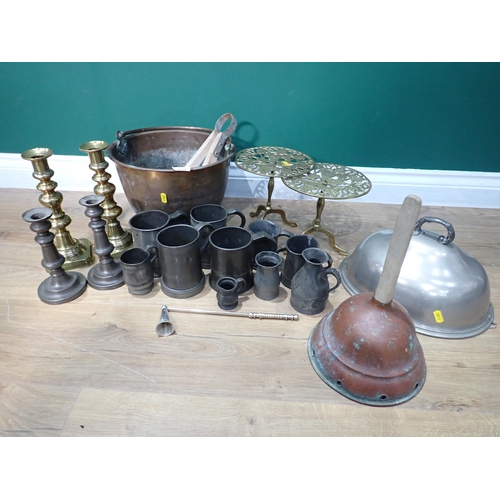 459 - A quantity of Pewter Tankards, pair of Candlesticks, a pair of brass Candlesticks, two brass Trivet ... 