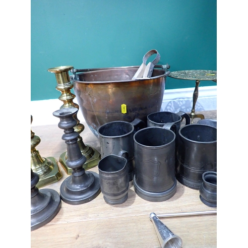 459 - A quantity of Pewter Tankards, pair of Candlesticks, a pair of brass Candlesticks, two brass Trivet ... 