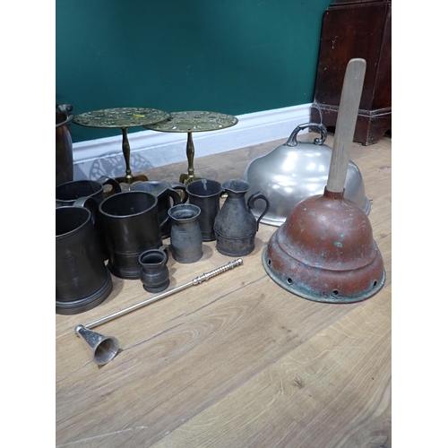 459 - A quantity of Pewter Tankards, pair of Candlesticks, a pair of brass Candlesticks, two brass Trivet ... 