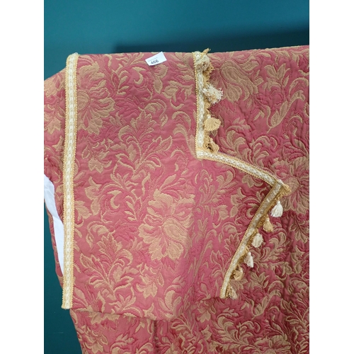 466 - Two pairs of red Curtains with gold leafage and floral decorations, 6ft 5in W x 9ft 4in Drop