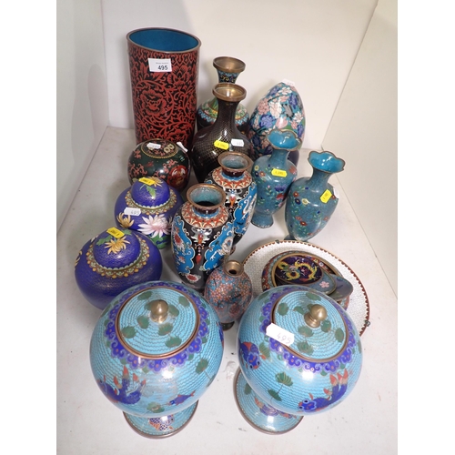 495 - A quantity of Cloisonne Ware including a pair of Jars and Covers, decorated fish, a pair of Ginger J... 