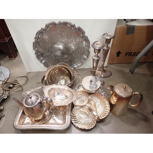 503 - A large quantity of plated Ware including a pair of Candlesticks, Entree Dishes, Salvers, Toast Rack... 