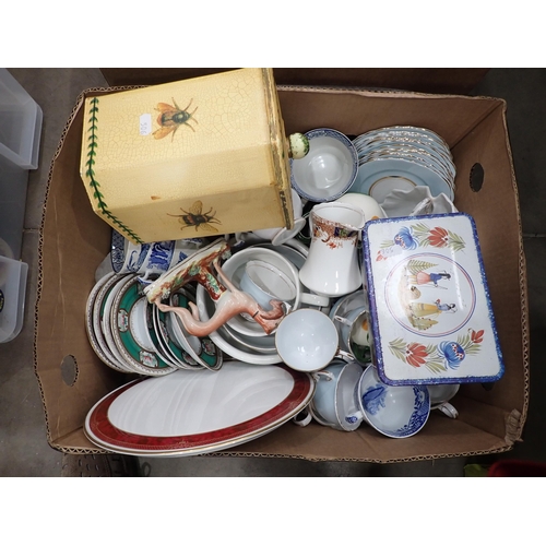 506 - Two boxes containing Teaware, Pottery, pottery Elephants, etc