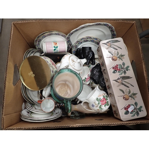 506 - Two boxes containing Teaware, Pottery, pottery Elephants, etc