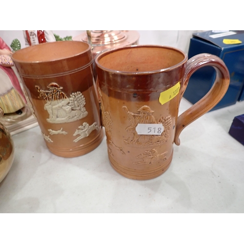 518 - Two Doulton stoneware hunting Mugs, two pairs of plated Candlesticks, a copper Kettle, a pair of Min... 