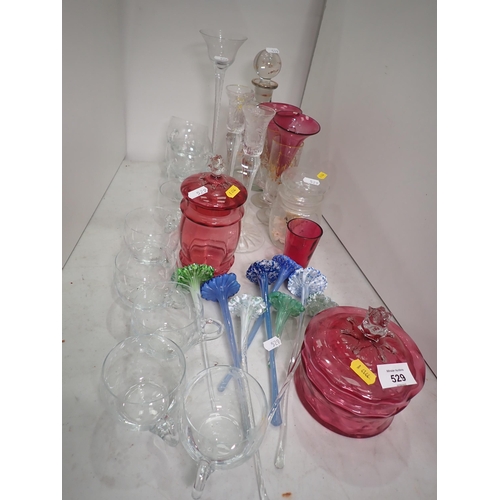 529 - Two Cranberry glass Jars and Covers, a gilded glass Decanter, three Pedestal Glasses, and a quantity... 