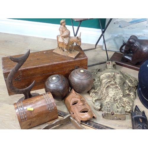 53 - Various carved Figures, Policeman's Helmet, Rules, Weights Box, Reynolds Exceisior, Chopping Board, ... 