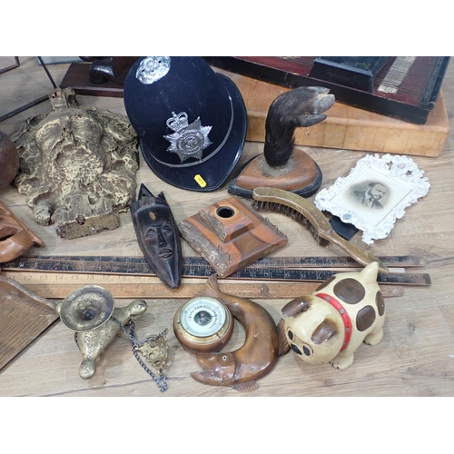 53 - Various carved Figures, Policeman's Helmet, Rules, Weights Box, Reynolds Exceisior, Chopping Board, ... 