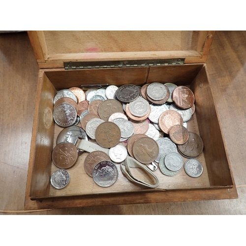 575 - A box containing Mantel Clocks, a Polaroid Camera, a box of Coins, etc