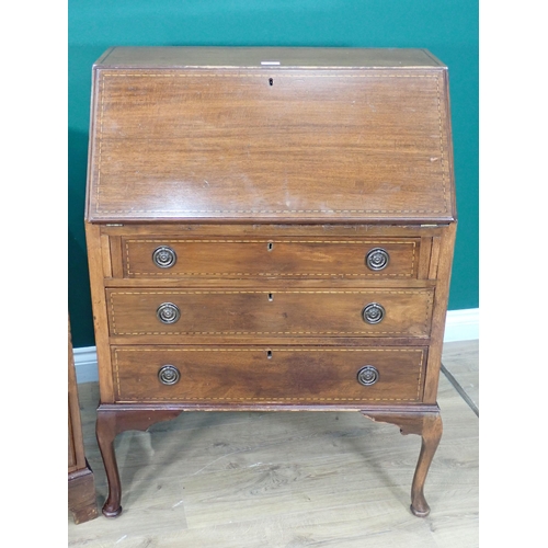 589 - An Edwardian mahogany and inlaid Bureau mounted on cabriole supports and pad feet 3ft 4in H x 2ft 5i... 