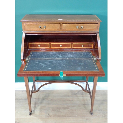 595 - An Edwardian mahogany Bonheur de Jour with sloped fall front and three drawers mounted on square cut... 