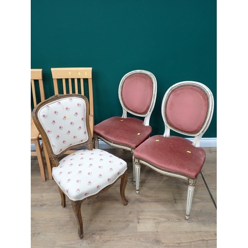 612 - A Pair of French white painted single Chairs, a set of four modern beech wood Dining Chairs, a Frenc... 