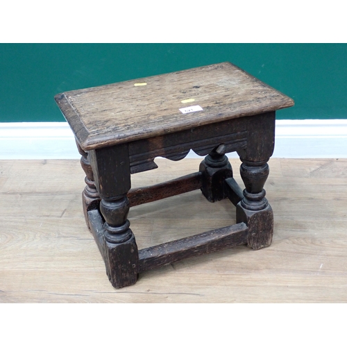 621 - An antique oak Joint Stool in the 17th Century style with shaped frieze 1ft 4in W x 1ft 1in H