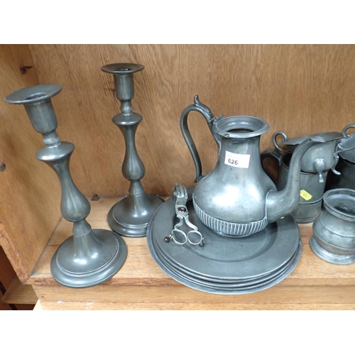 626 - A pair of 19th Century pewter Candlesticks, five Tankards, Chamberstick, five Plates, etc.