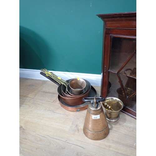 632 - An antique Cooking Pan, four graduated Pans, brass Pestle and Mortar, Mortar, a Bell and a small mah... 