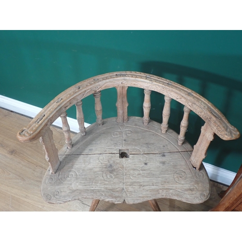 637 - A French walnut marble topped Pot Cupboard, a primitive French Chair and a Refectory Bench