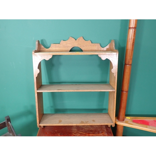 65 - An oak veneered Revolving Bookcase, set of Shelves, Wall Shelves and a set of Library Steps