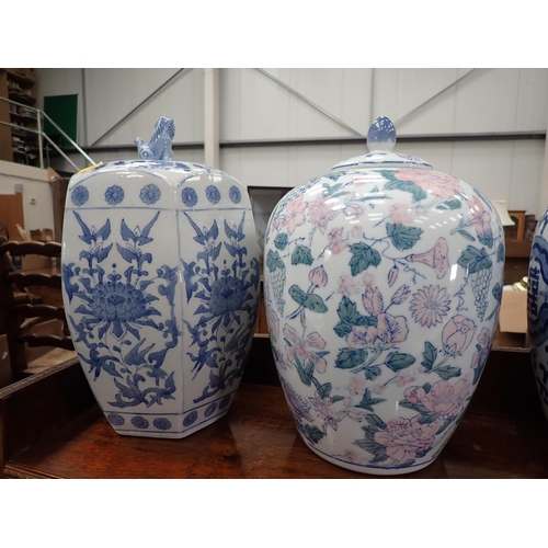 660 - Two Chinese blue and white lidded Jars and another decorated with egrets and kingfisher with hardwoo... 