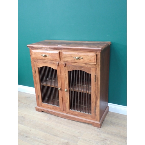 697 - A hardwood Cupboard fitted two frieze drawers above two doors with bars 3ft H x 2ft 11in W