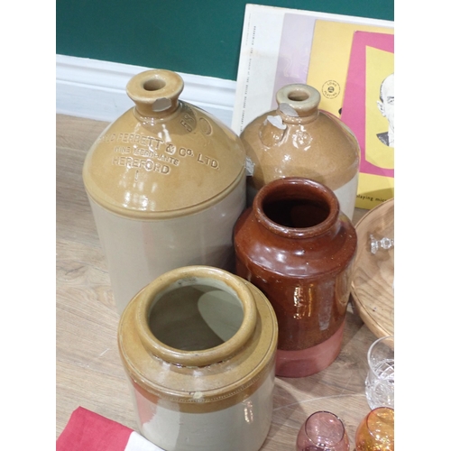 713 - A box of Drinking Glasses, stoneware Flagons and two Union Jack Flags