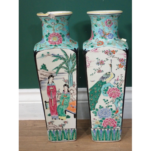 716 - A pair of Chinese square section Vases with panels of figures on blue ground A/F 14in H