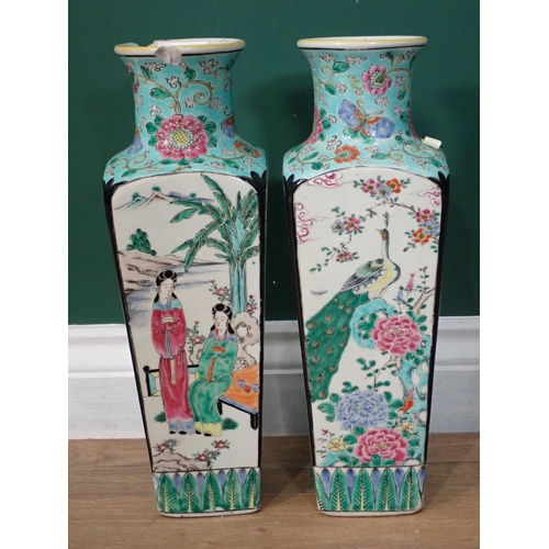 716 - A pair of Chinese square section Vases with panels of figures on blue ground A/F 14in H