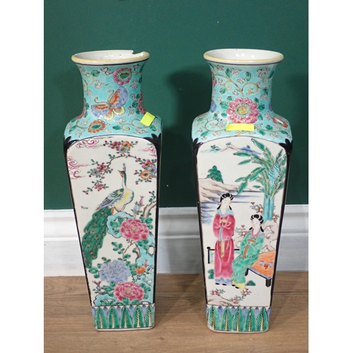 716 - A pair of Chinese square section Vases with panels of figures on blue ground A/F 14in H