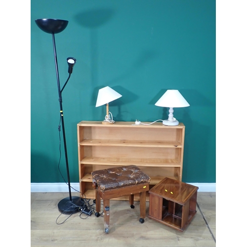 717 - An Edwardian mahogany and crossbanded revolving Bookcase 1ft 2in W x 1ft 1in H, a Piano Stool, a pin... 