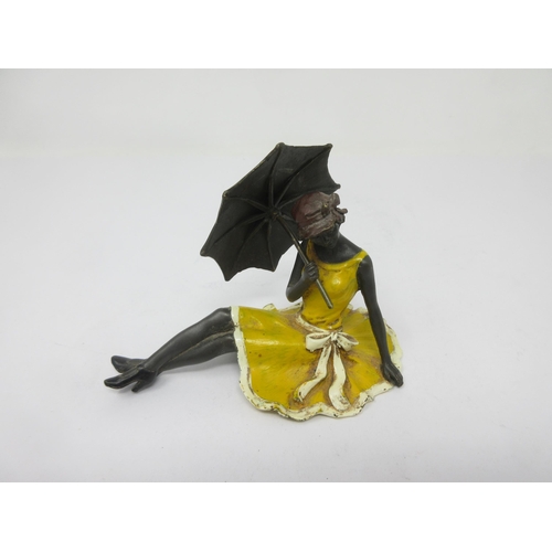 72 - A cold painted bronze of Art Deco Lady wearing yellow dress and holding a parasol, 4½ in, possibly r... 