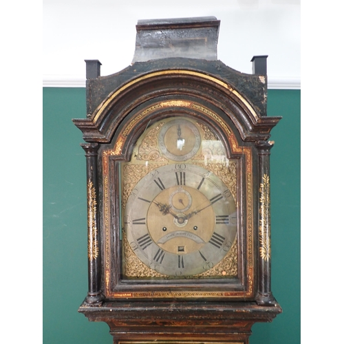 725 - An 18th Century lacquered Longcase Clock with later arched brass dial and movement inscribed John Jo... 