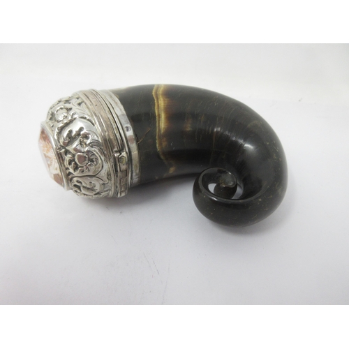 76 - A 19th Century Scottish horn Snuff Mull, the lid scroll embossed and inset faceted hardstone