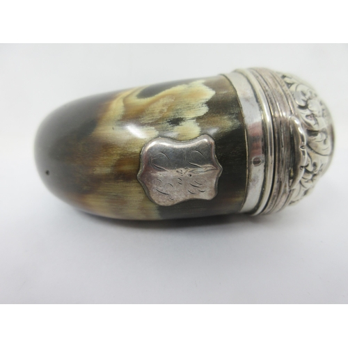 76 - A 19th Century Scottish horn Snuff Mull, the lid scroll embossed and inset faceted hardstone