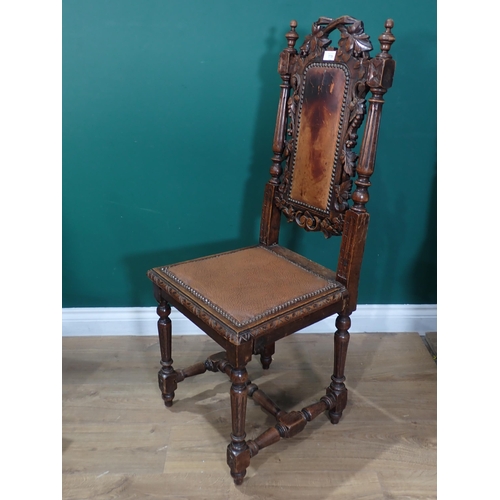 775 - A set of six Victorian carved oak Dining Chairs with fluted turned supports.