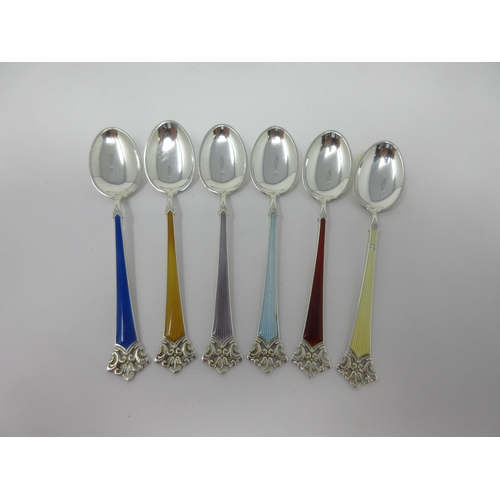 85 - A set of six Norwegian sterling silver and coloured enamel Coffee Spoons with pierced and scrolled f... 