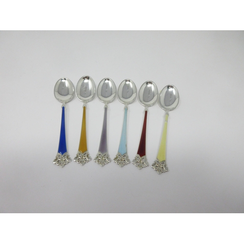 85 - A set of six Norwegian sterling silver and coloured enamel Coffee Spoons with pierced and scrolled f... 