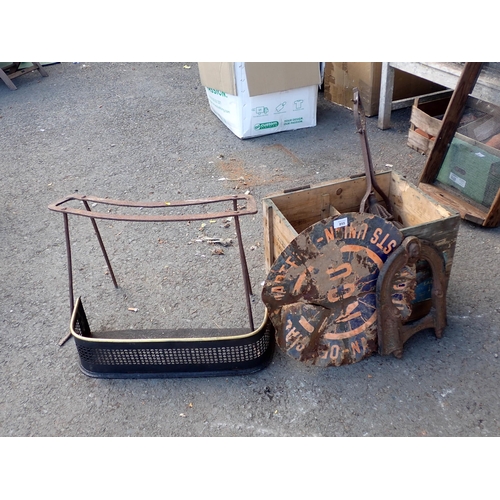 855 - A wooden Crate, NCO enamel Sign A/F, cast iron Boot Scrape, antique iron Footman and a Fender