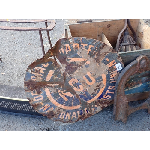 855 - A wooden Crate, NCO enamel Sign A/F, cast iron Boot Scrape, antique iron Footman and a Fender