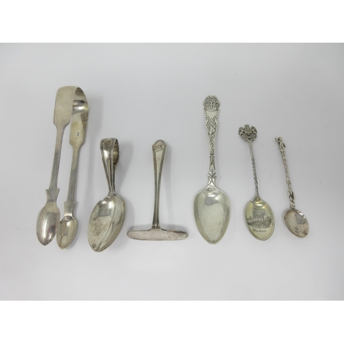 93 - A pair of Victorian silver Sugar Tongs, Exeter 1846, an ornate Scottish Teaspoon, Glasgow 1824, a si... 