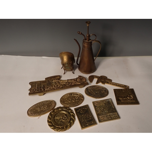 375 - A box of brass Agricultural Society and other Plaques, a Seiko Wall Clock and an oak cased Barometer