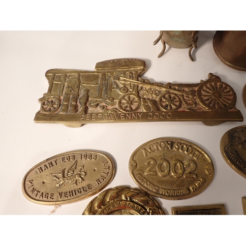 375 - A box of brass Agricultural Society and other Plaques, a Seiko Wall Clock and an oak cased Barometer