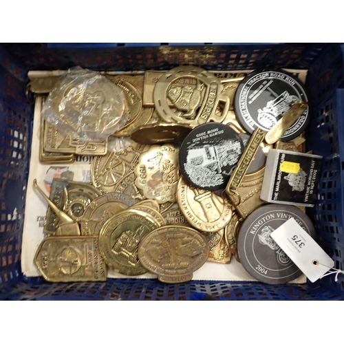 375 - A box of brass Agricultural Society and other Plaques, a Seiko Wall Clock and an oak cased Barometer