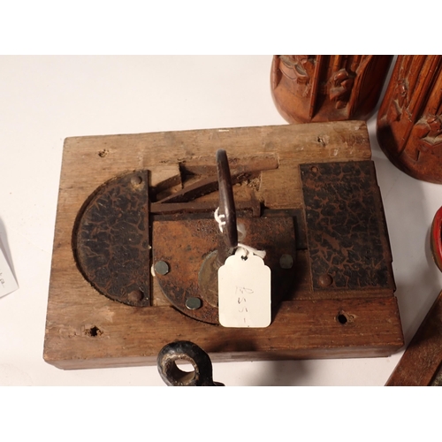 397 - A box of Chinese miniature Chests of drawers, a carved bamboo Brush Pots, Wall Rack, etc.