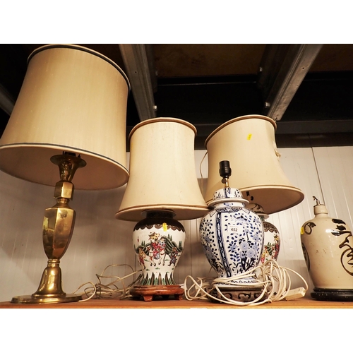 452 - Five Table Lamps including an Oriental pair decorated figures in a landscape, failed PAT