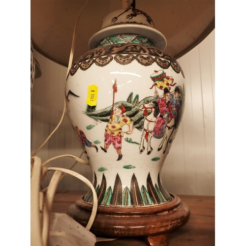 452 - Five Table Lamps including an Oriental pair decorated figures in a landscape, failed PAT