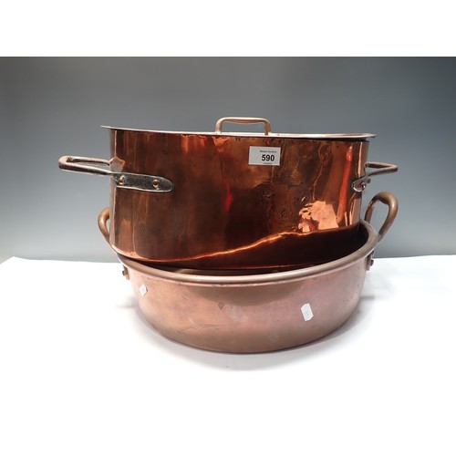 590 - An antique two handled Cooking Pan and an oval lidded Cooking Pot