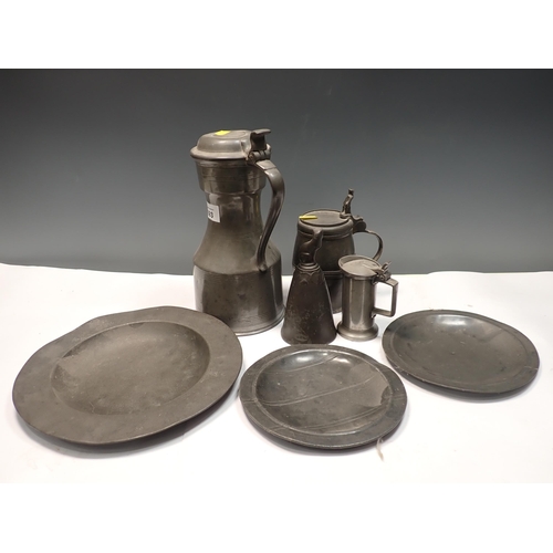 693 - An antique pewter Tappit Hen, two Tankards, Plates, etc.