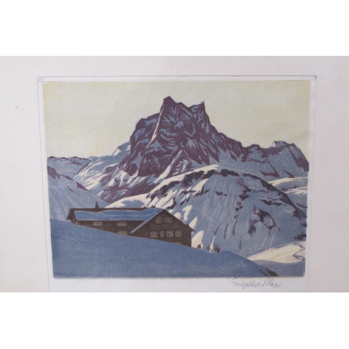 405 - ENGELBERT LAP. Swiss Mountain Landscape; A Swiss Chalet, colour woodblock prints, signed in lower ma... 