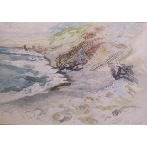 418 - CAROL RUSSELL. A Rocky Coastal Landscape, signed, watercolour, 16 x 23in; and a watercolour by anoth... 