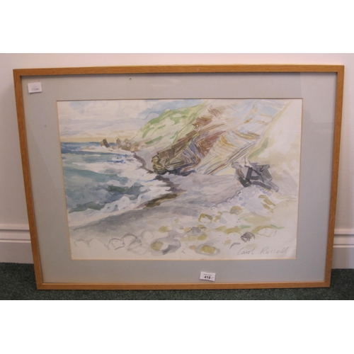 418 - CAROL RUSSELL. A Rocky Coastal Landscape, signed, watercolour, 16 x 23in; and a watercolour by anoth... 