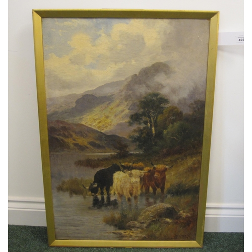 422 - CHARLES W. OSWALD. Highland Cattle on a Mountain Path; and Highland Cattle by a Loch, signed, oil on... 